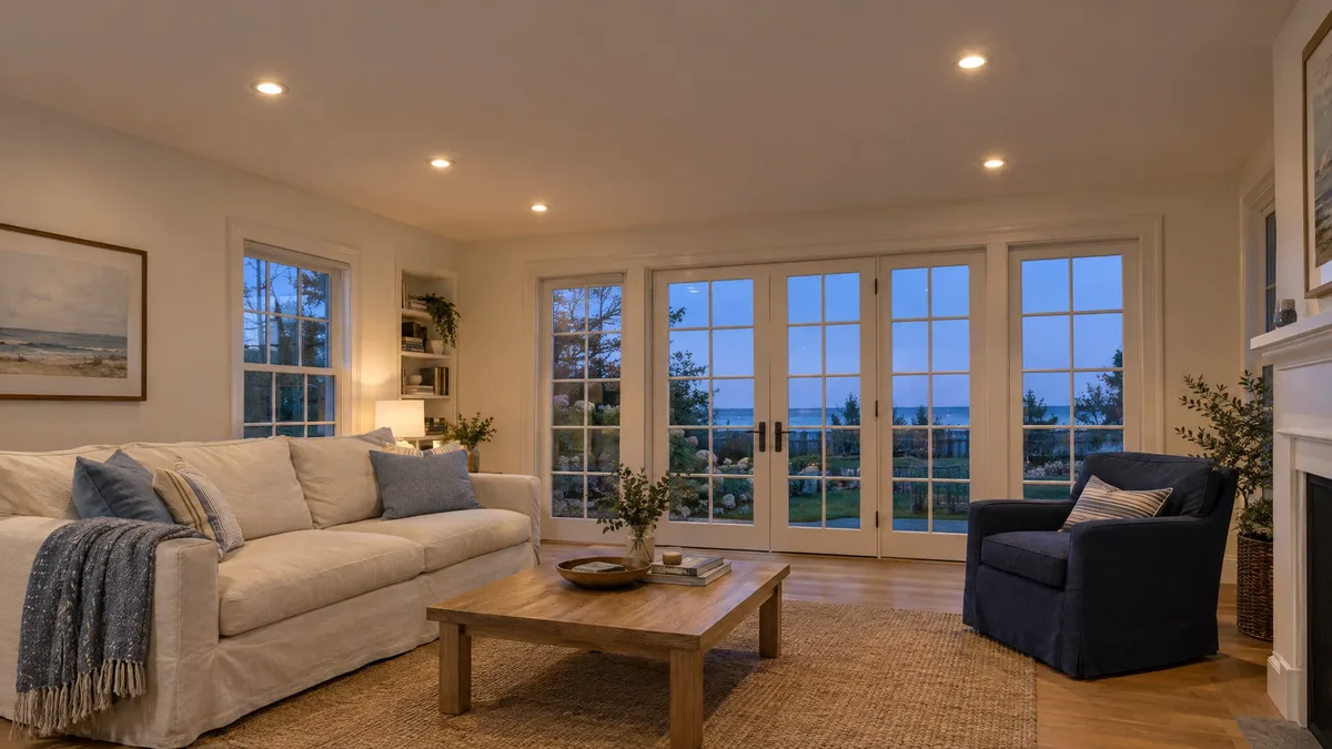 Warm recessed ceiling lights above a living room overlooking a garden at dusk