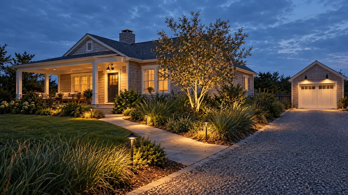 Cottage porch, garden path and detached garage illuminated at twilight