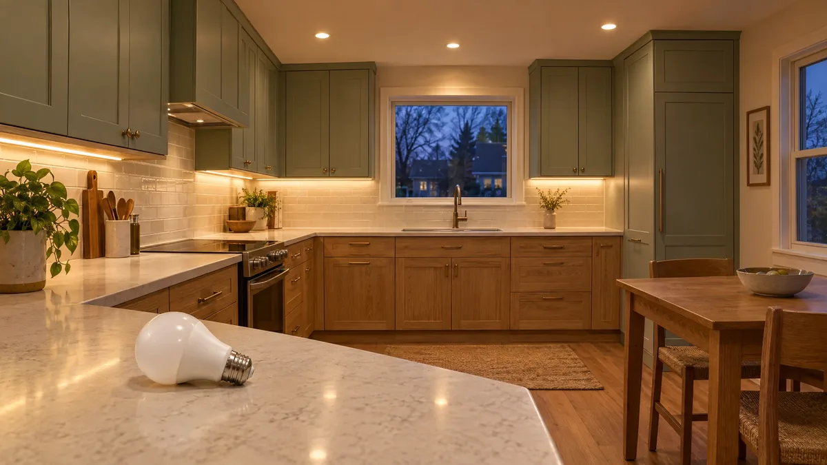 LED bulb on a kitchen counter beneath warm recessed and under-cabinet lighting