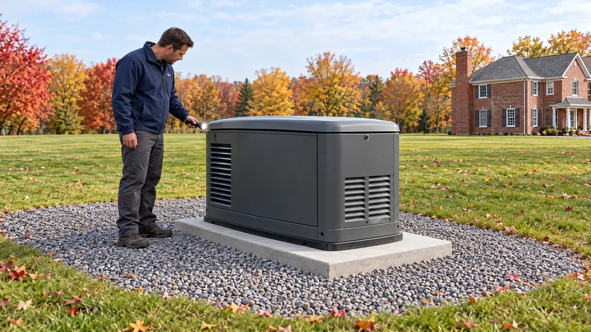 Technician checking a closed standby generator in an autumn yard.