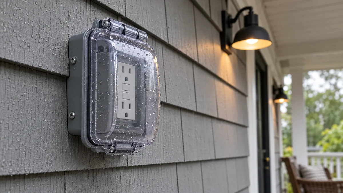 Outdoor GFCI outlet inside a closed weatherproof cover beneath a porch light