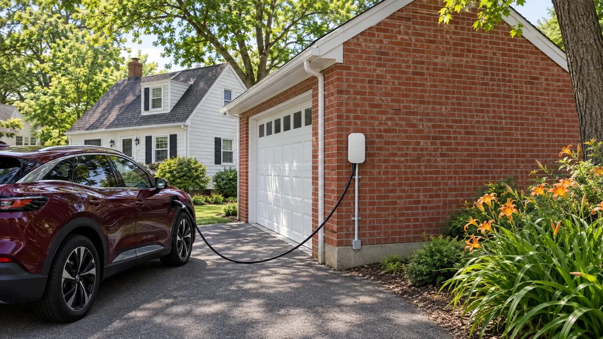 Burgundy electric crossover charging beside a detached brick garage
