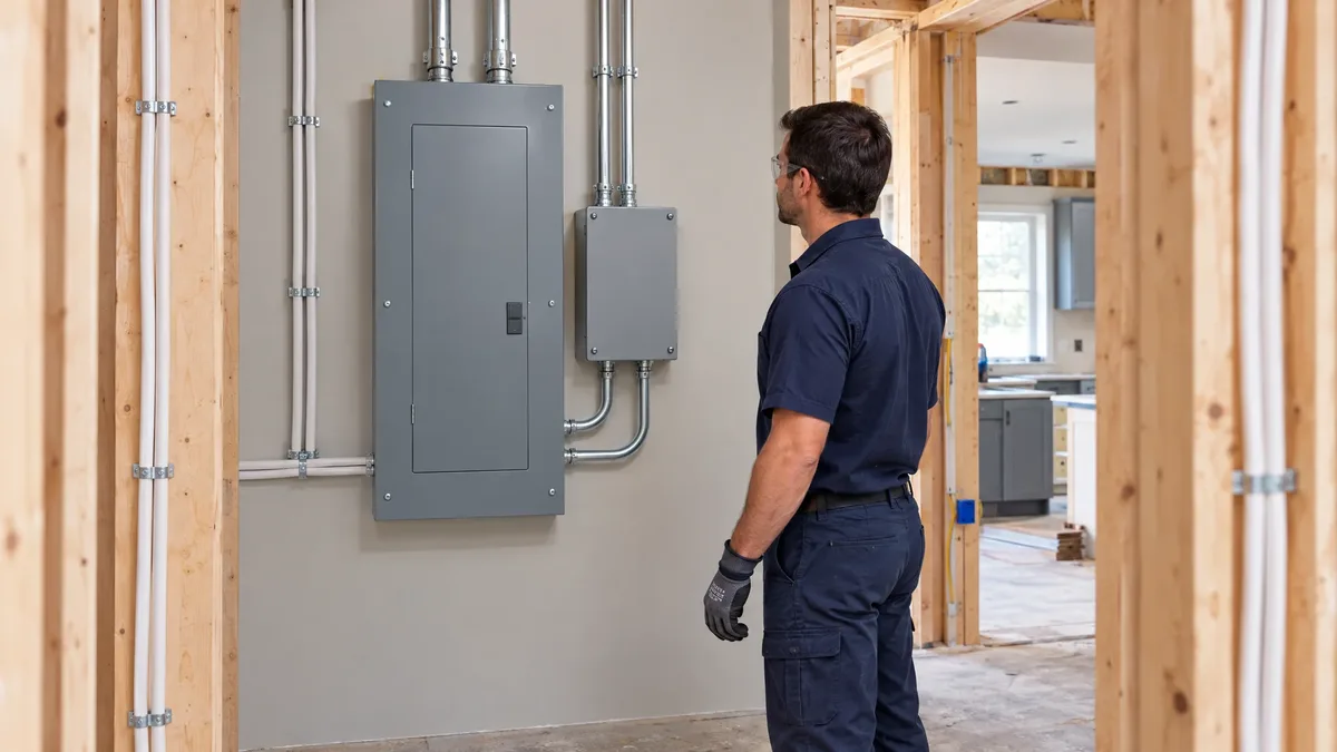 Electrician examines closed electrical enclosures beside a framed kitchen renovation
