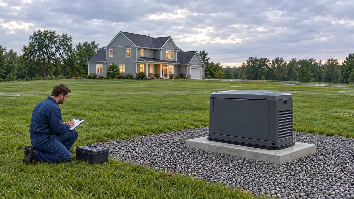 Technician recording inspection notes beside a standby generator with a lit home in the distance.