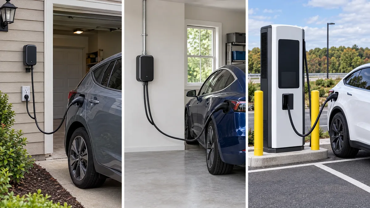 Three charging settings with a portable home charger, garage wallbox and public fast charger