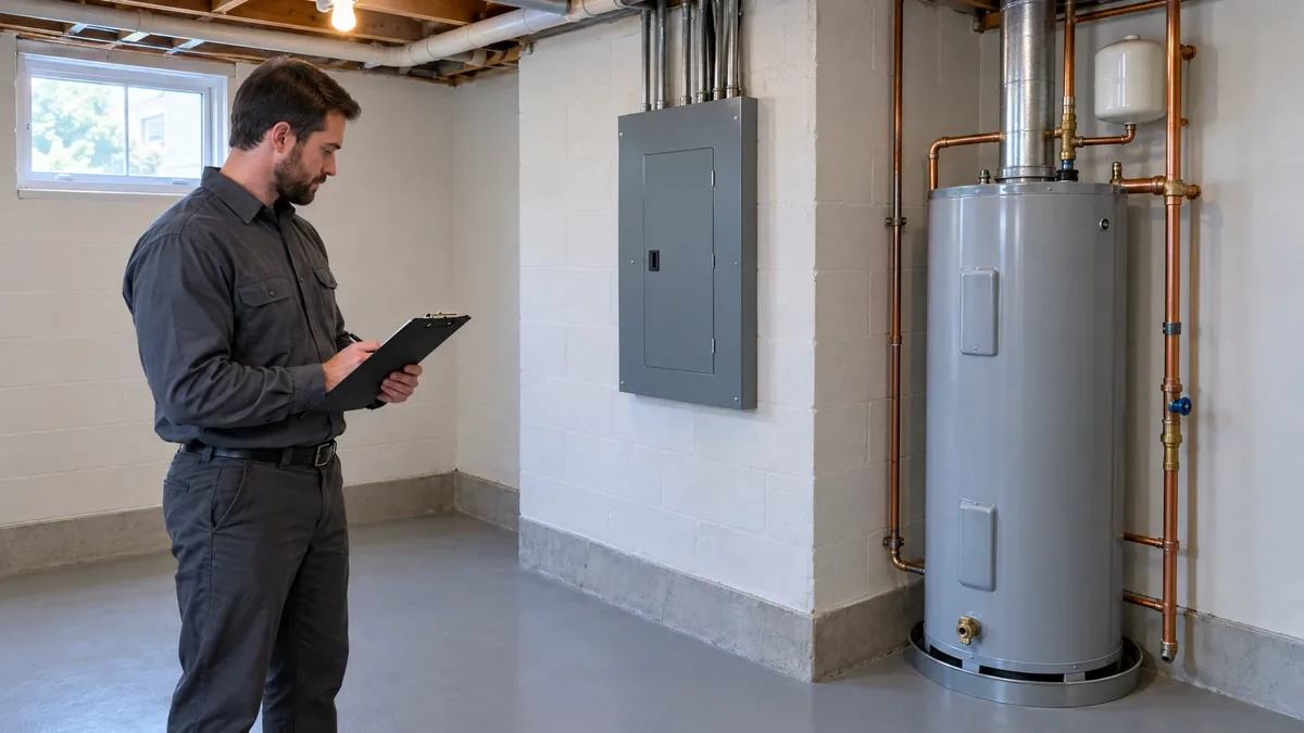 Electrician surveying a closed electrical panel and household water heater