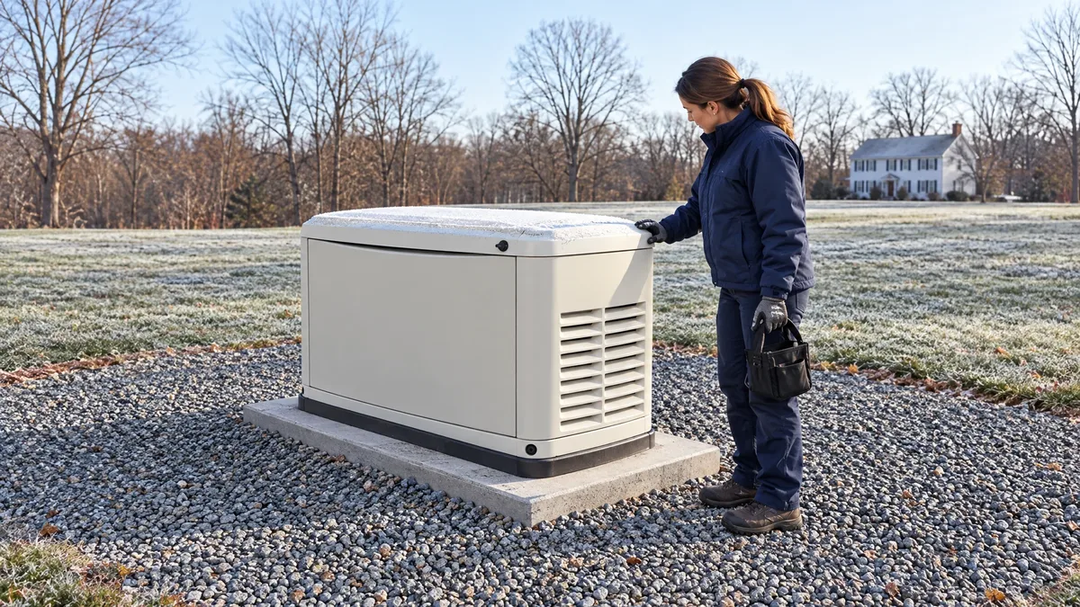 Technician examining a standby generator on a frosty morning.