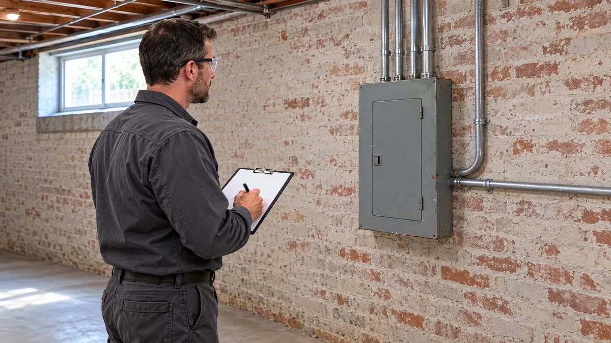 Electrician records an assessment of an older closed electrical cabinet in a brick basement