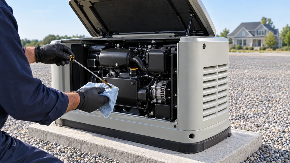 Gloved technician checking a generator oil dipstick over a cloth.