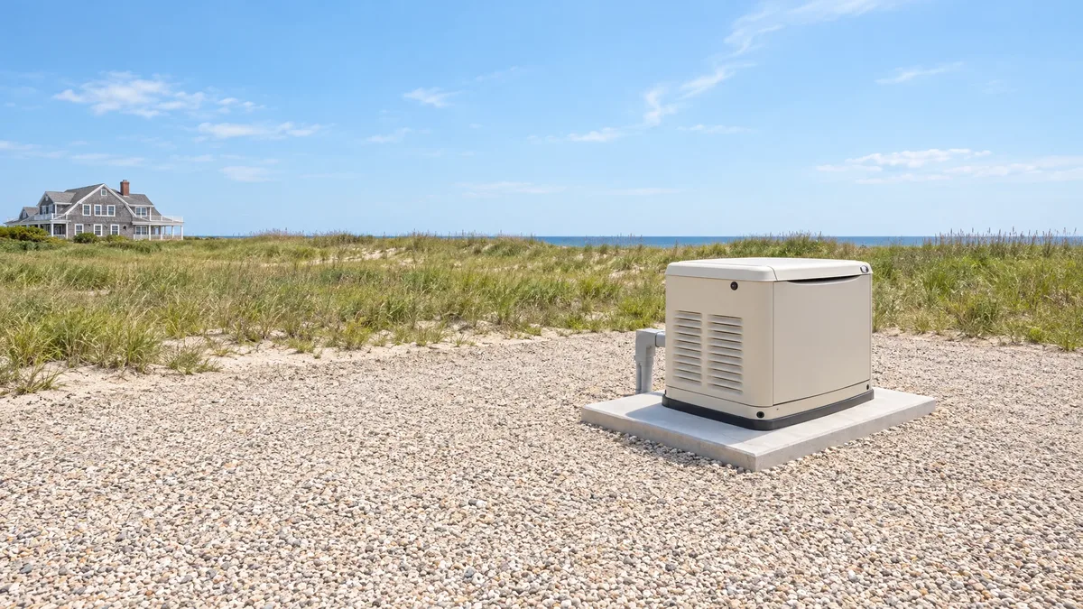 Standby generator in an open clearing near a distant coastal home