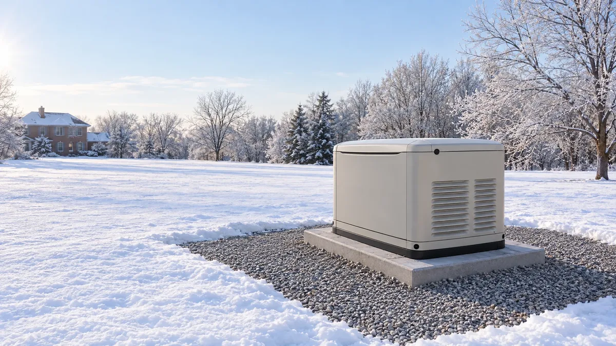 Standby generator on a cleared pad surrounded by a snowy yard