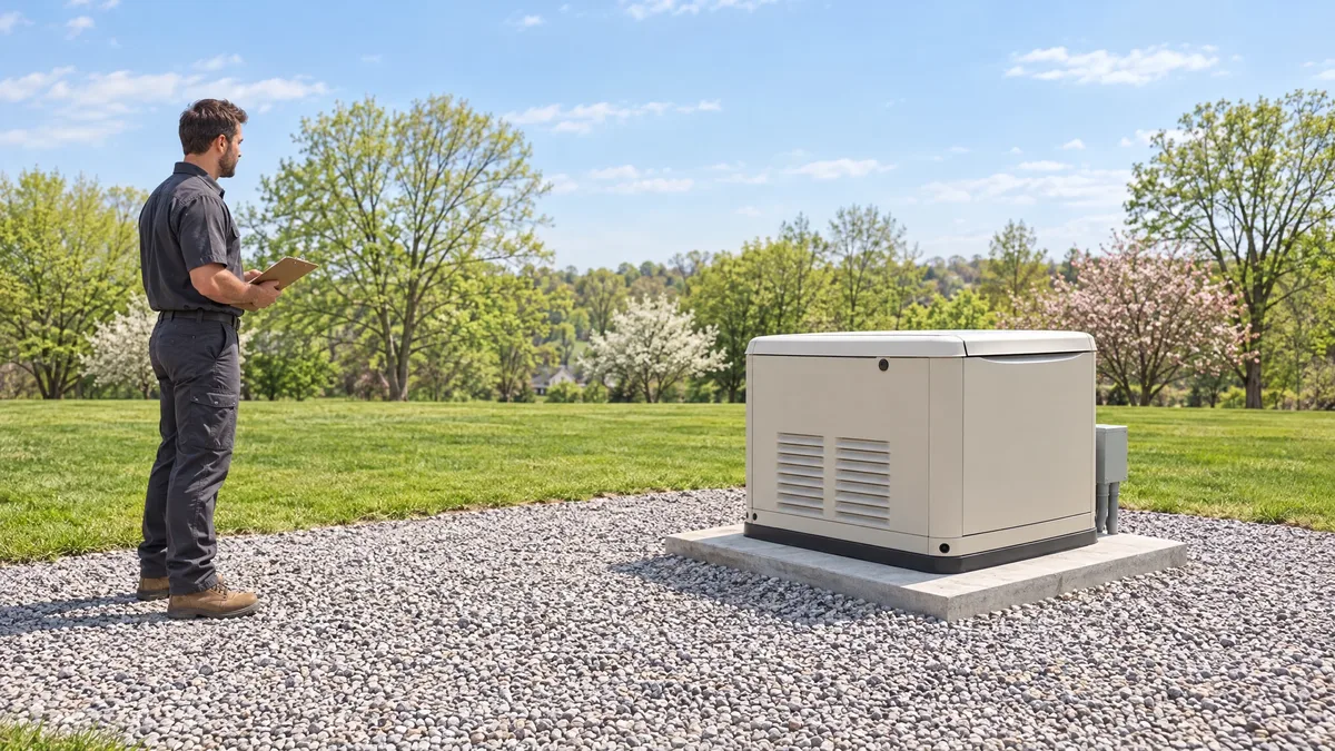 Electrician reviewing a standby generator in an open spring yard
