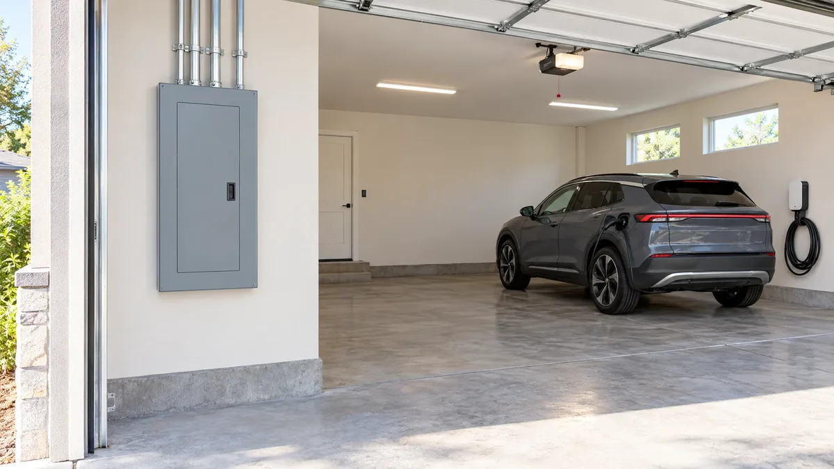 Closed electrical panel in a tidy garage with an electric vehicle and wall-mounted charger