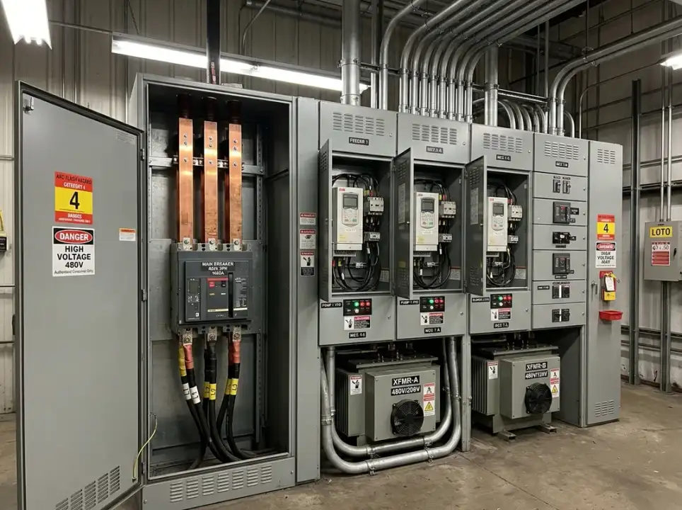 Industrial 480V three-phase switchgear and motor control center installation