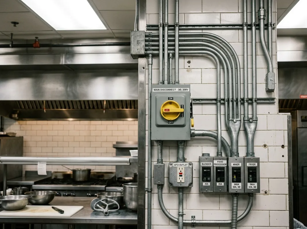 Commercial kitchen electrical installation with three-phase wiring in a New Jersey restaurant Commercial kitchen electrical installation with three-phase wiring in a New Jersey restaurant