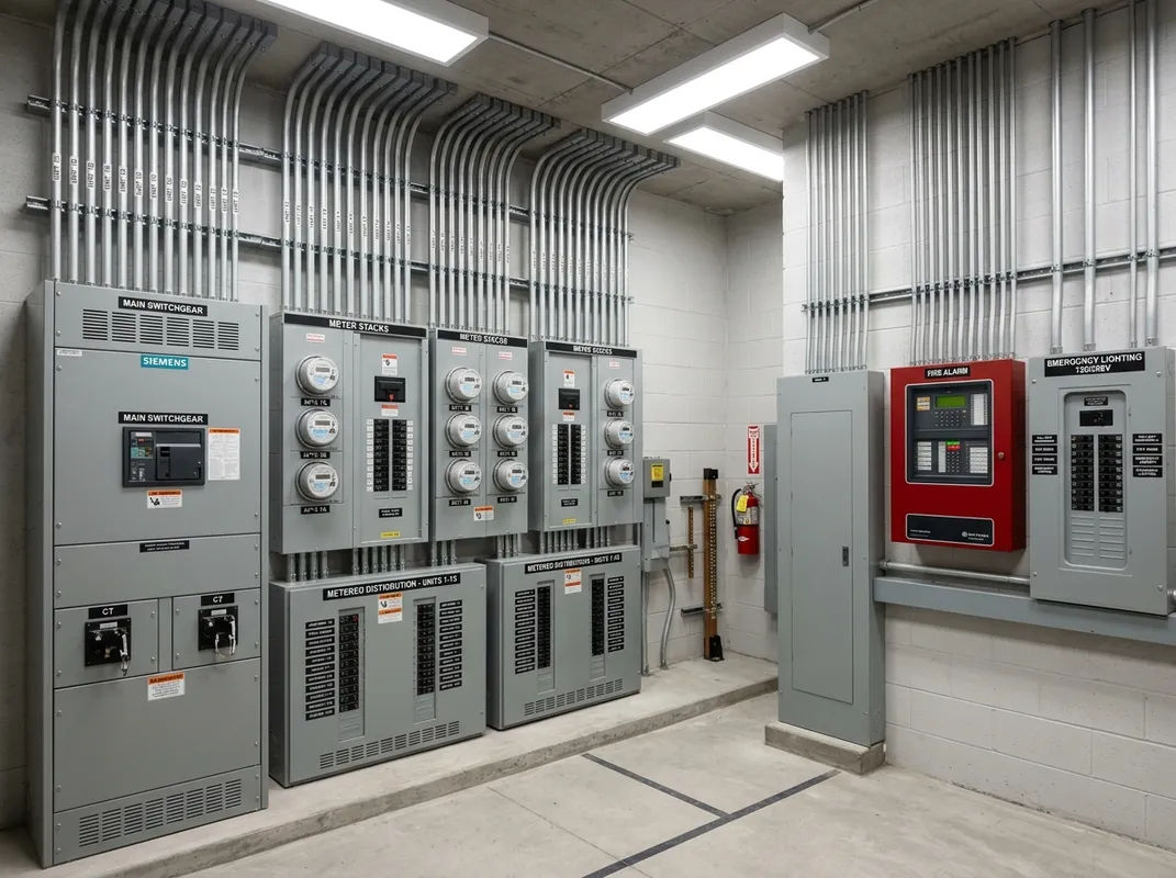 Multi-family building electrical room with main switchgear and meter stacks