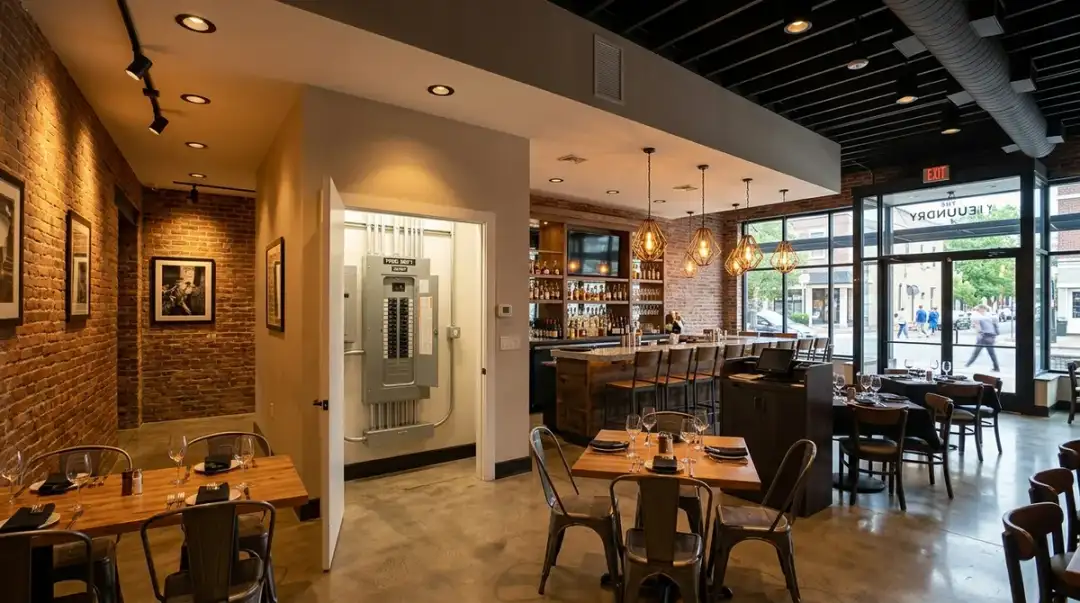 Professional commercial lighting installation in a New Jersey restaurant dining area Professional commercial lighting installation in a New Jersey restaurant dining area