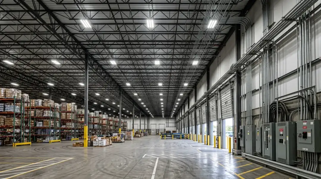 High-bay LED lighting installation in a large New Jersey warehouse facility