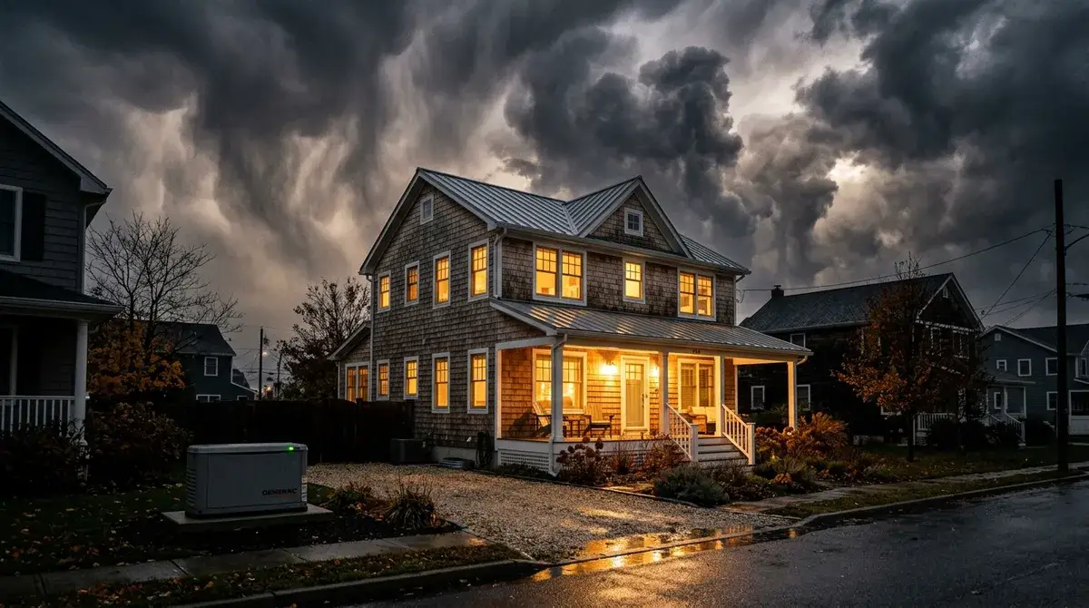 Home powered by standby generator during storm while neighborhood is dark