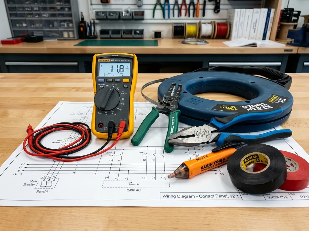 Professional electrician with tools and equipment Professional electrician with tools and equipment