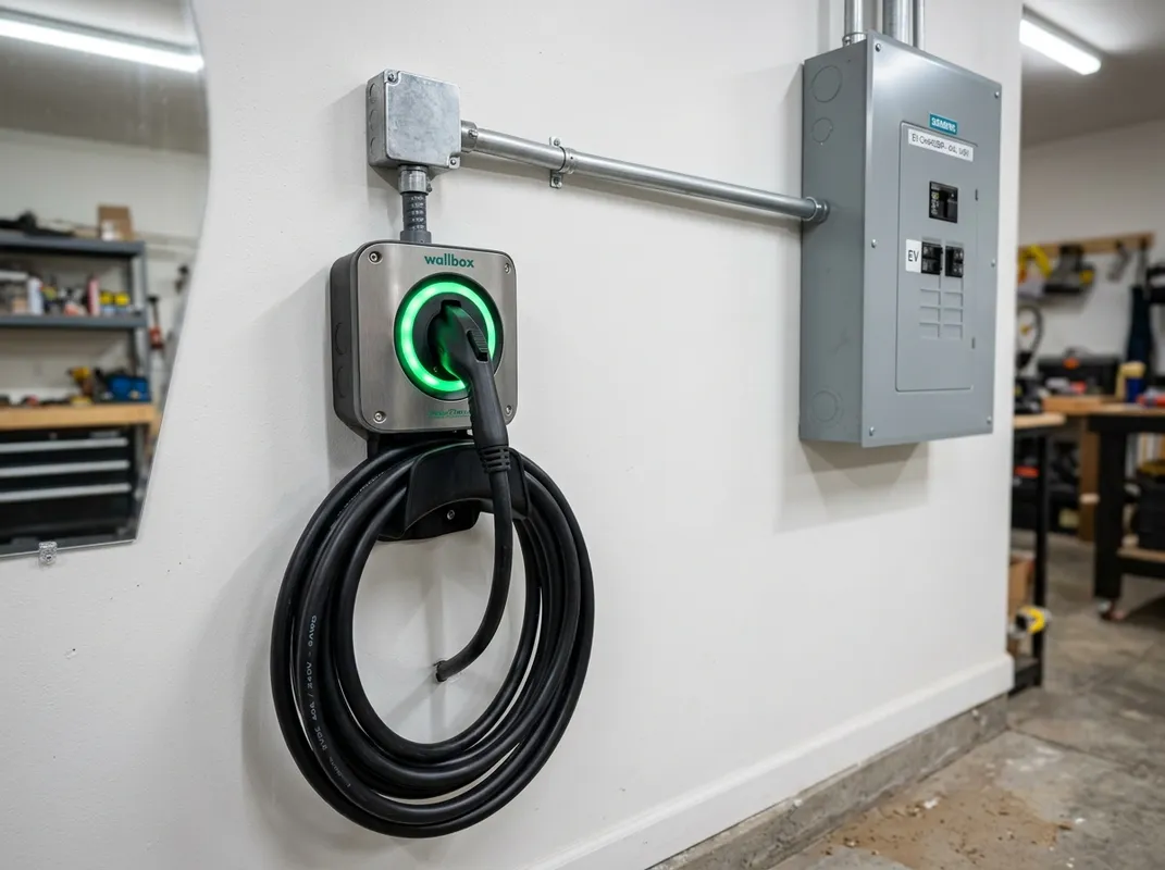 Level 2 EV charger wall connector with dedicated 240V circuit installation Level 2 EV charger wall connector with dedicated 240V circuit installation