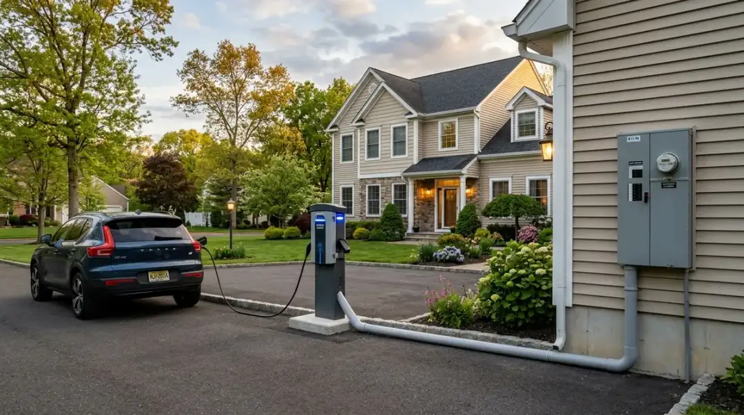 Outdoor weatherproof EV charger pedestal installed on a residential driveway in New Jersey Outdoor weatherproof EV charger pedestal installed on a residential driveway in New Jersey