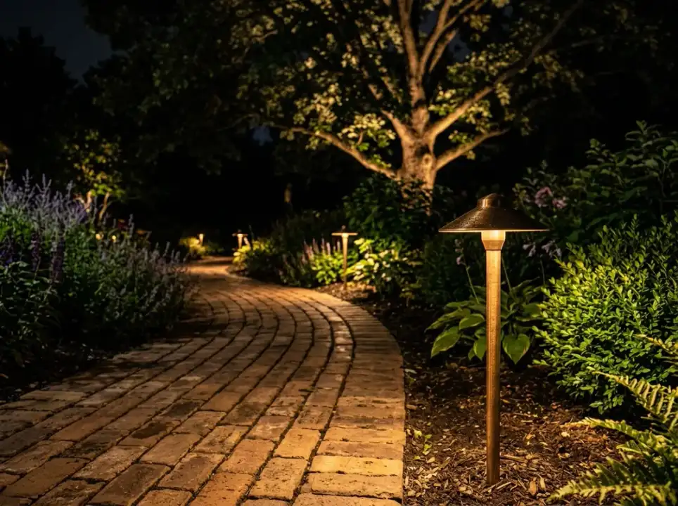 Close-up of low-voltage LED pathway fixture installed along a flagstone walkway Close-up of low-voltage LED pathway fixture installed along a flagstone walkway