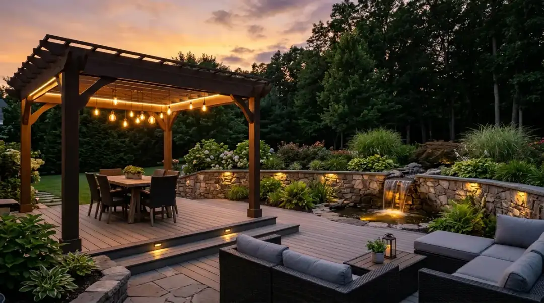 Beautifully lit backyard patio and outdoor living space at dusk Beautifully lit backyard patio and outdoor living space at dusk