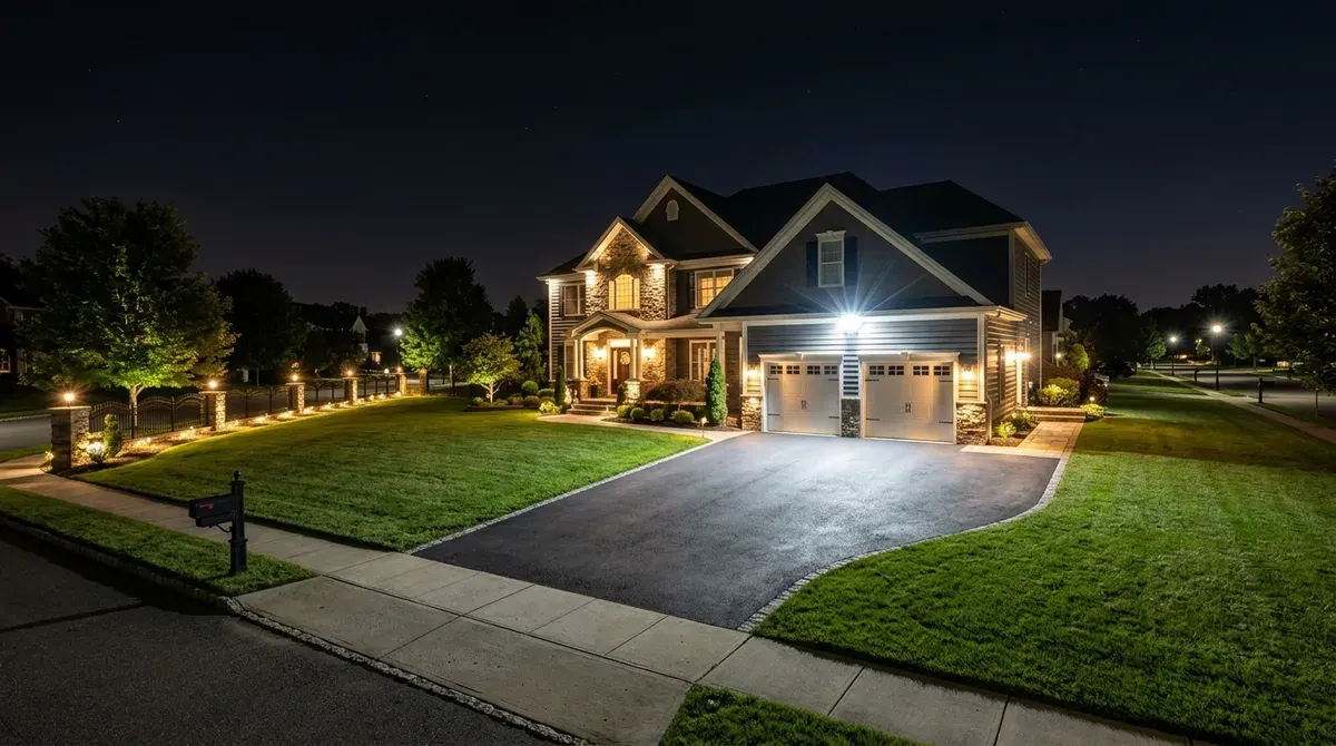 Residential property at night showcasing comprehensive security and perimeter lighting Residential property at night showcasing comprehensive security and perimeter lighting