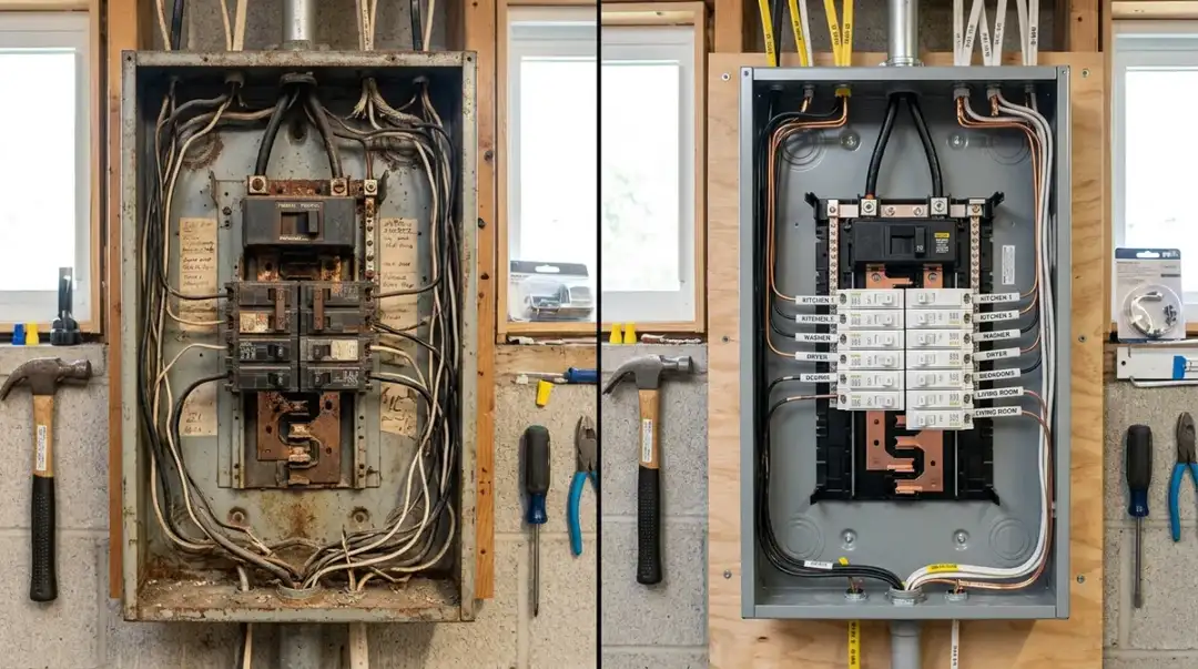 Side-by-side comparison of an outdated 100-amp panel and a new 200-amp installation Side-by-side comparison of an outdated 100-amp panel and a new 200-amp installation