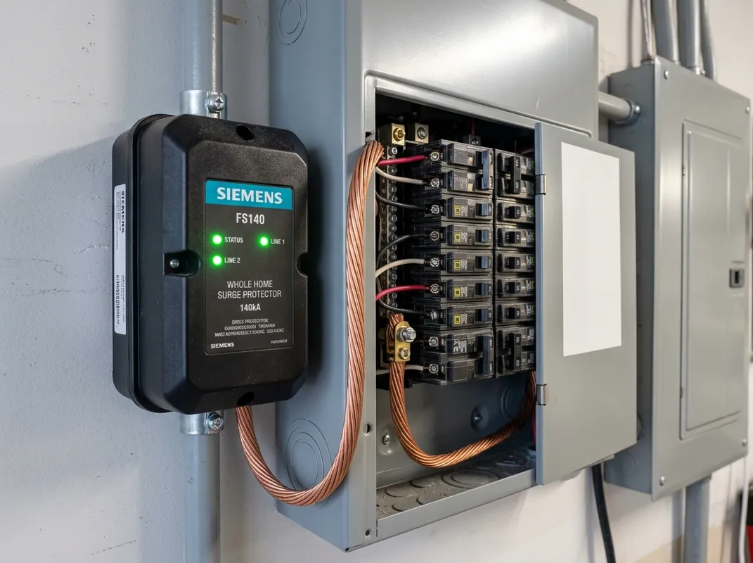 Whole house surge protector installed at residential breaker panel with green indicator light Whole house surge protector installed at residential breaker panel with green indicator light