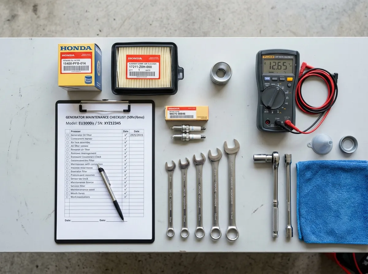 Professional generator maintenance tools and OEM parts laid out for service