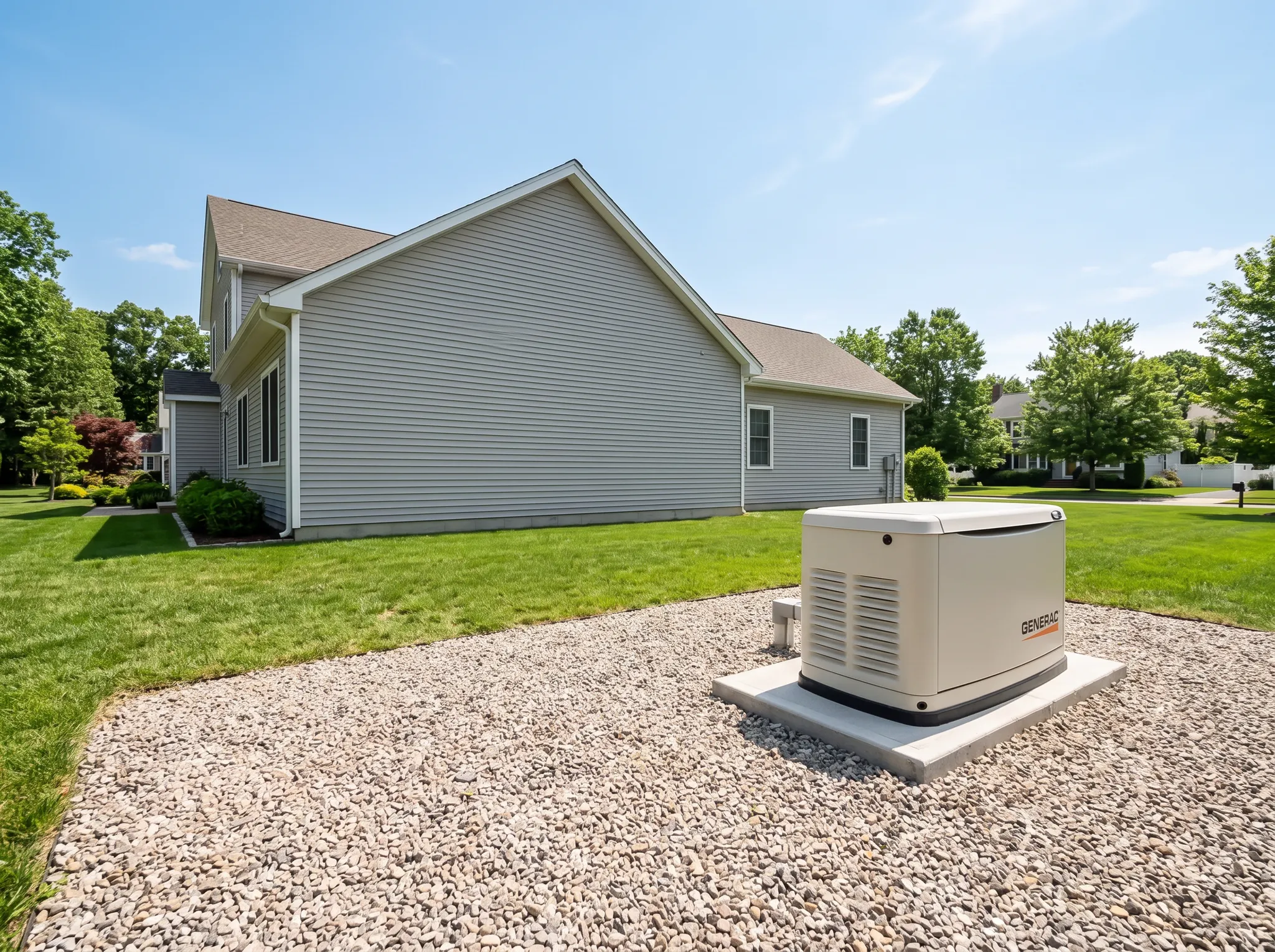 Illustrative Generac standby generator on a concrete pad with open space separating it from the home